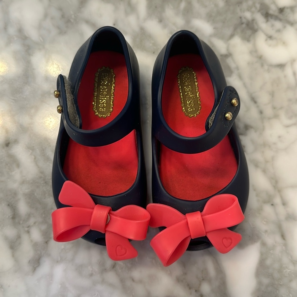 Mini Melissa Mary Jane Navy blue with Coral Bow size 5